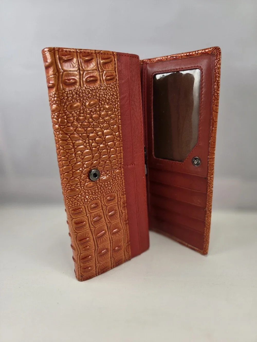Vera Pelle Burnt Orange Croc Embossed Leather Kiss Lock Wallet